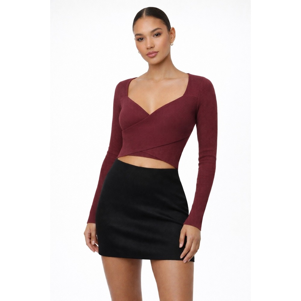 TEN by Babaton Burgundy Ribbed Long Sleeve Crop‎ Top Square Neck Wrap Size L